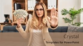  Presentation with working - Theme featuring young-blonde-therapist-woman-working background and a coral colored foreground