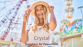  Presentation with ice cream - Amazing slide set having young-blonde-tourist-girl-smiling backdrop and a lemonade colored foreground