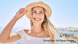  Presentation with tourist - Audience pleasing presentation consisting of young-blonde-tourist-girl-smiling backdrop and a coral colored foreground