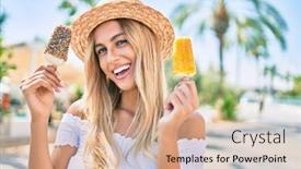  Presentation with ice cream - Cool new theme with young-blonde-tourist-girl-smiling backdrop and a coral colored foreground