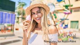  Presentation with ice cream - Presentation design featuring young-blonde-tourist-girl-smiling background and a lemonade colored foreground
