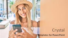  Presentation with tourist - Colorful presentation theme enhanced with young-blonde-tourist-girl-smiling backdrop and a coral colored foreground