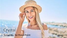  Presentation with tourist - Slide deck featuring young-blonde-tourist-girl-smiling background and a coral colored foreground