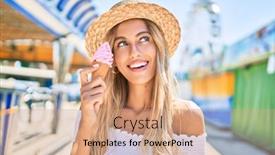  Presentation with ice cream - PPT theme with young-blonde-tourist-girl-smiling background and a coral colored foreground