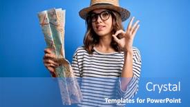  Presentation with city map - PPT theme having young-blonde-tourist-girl-wearing background and a teal colored foreground