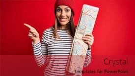  Presentation with destination - Colorful slide set enhanced with young-blonde-tourist-woman-using backdrop and a crimson colored foreground