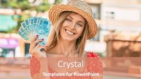  Presentation with tourist - Colorful slide deck enhanced with young-blonde-tourist-woman-wearing backdrop and a coral colored foreground