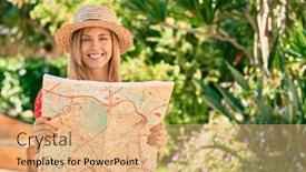  Presentation with route - Colorful presentation enhanced with young-blonde-tourist-woman-wearing backdrop and a coral colored foreground