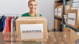  Presentation with teamwork volunteer charity help giving - Presentation theme consisting of young-blonde-volunteer-girl-smiling background and a coral colored foreground