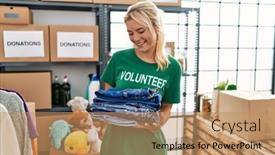  Presentation with volunteer - Presentation theme featuring young-blonde-volunteer-girl-smiling background and a coral colored foreground