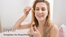  Presentation with serum - PPT theme consisting of young-blonde-woman-applying-serum background and a coral colored foreground