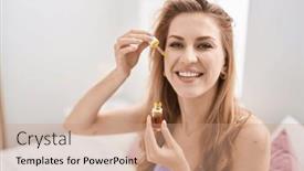  Presentation with serum - Presentation design enhanced with young-blonde-woman-applying-serum background and a coral colored foreground