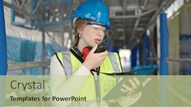  Presentation with architect - PPT theme having young-blonde-woman-architect-talking background and a mint green colored foreground