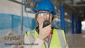  Presentation with architect - PPT theme having young-blonde-woman-architect-talking background and a coral colored foreground