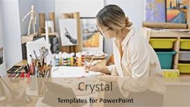  Presentation with art - PPT theme enhanced with young-blonde-woman-artist-drawing and a coral colored foreground