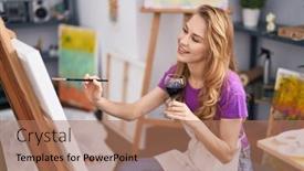  Presentation with art - PPT theme featuring young-blonde-woman-artist-drinking background and a coral colored foreground