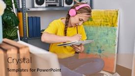  Presentation with music studio - Slide deck enhanced with young-blonde-woman-artist-listening background and a coral colored foreground