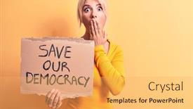  Presentation with democracy - Presentation with young-blonde-woman-asking background and a yellow colored foreground