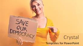  Presentation with democracy - Colorful presentation theme enhanced with young-blonde-woman-asking backdrop and a yellow colored foreground