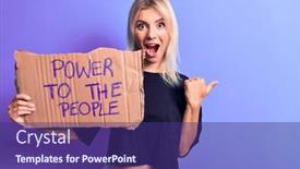  Presentation with young happy people smiling - Colorful slide set enhanced with young-blonde-woman-asking backdrop and a violet colored foreground