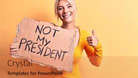  Presentation with democracy - Cool new slide deck with young-blonde-woman-asking backdrop and a coral colored foreground