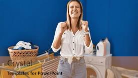  Presentation with laundry room - PPT layouts featuring young-blonde-woman-at-laundry background and a coral colored foreground
