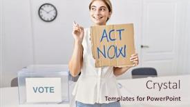  Presentation with political woman - Presentation design having young-blonde-woman-at-political background and a soft green colored foreground
