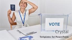  Presentation with political woman - Presentation theme enhanced with young-blonde-woman-at-political background and a sky blue colored foreground