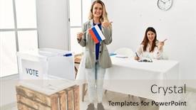  Presentation with political woman - Theme having young-blonde-woman-at-political background and a mint green colored foreground