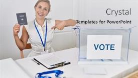  Presentation with political woman - Presentation design featuring young-blonde-woman-at-political background and a light gray colored foreground