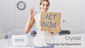  Presentation with political woman - Presentation theme consisting of young-blonde-woman-at-political background and a light gray colored foreground