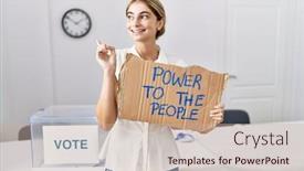  Presentation with political woman - Presentation design enhanced with young-blonde-woman-at-political background and a mint green colored foreground