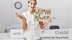  Presentation with political woman - Presentation theme featuring young-blonde-woman-at-political background and a soft green colored foreground