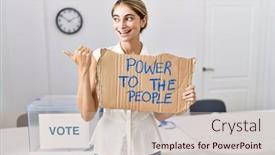  Presentation with political woman - PPT theme with young-blonde-woman-at-political background and a mint green colored foreground