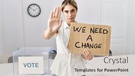  Presentation with political woman - PPT theme enhanced with young-blonde-woman-at-political background and a soft green colored foreground