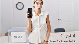  Presentation with political woman - Slide set with young-blonde-woman-at-political background and a  colored foreground