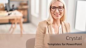  Presentation with working - Theme consisting of young-blonde-woman-business-worker background and a  colored foreground