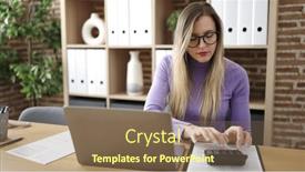  Presentation with business calculator - Slides having young-blonde-woman-business-worker background and a violet colored foreground