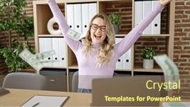  Presentation with business remote work - PPT theme having young-blonde-woman-business-worker background and a violet colored foreground