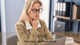  Presentation with pain - PPT theme enhanced with young-blonde-woman-business-worker background and a coral colored foreground