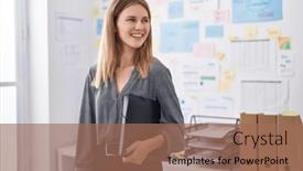  Presentation with worker - Presentation theme enhanced with young-blonde-woman-business-worker background and a coral colored foreground