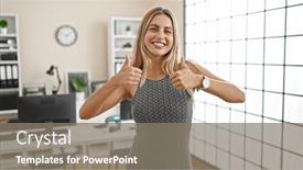  Presentation with business remote work - PPT theme featuring young-blonde-woman-business-worker and a gray colored foreground