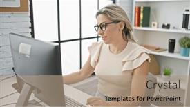  Presentation with working - Theme having young-blonde-woman-business-worker background and a coral colored foreground