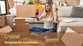  Presentation with new home - Presentation consisting of young-blonde-woman-choosing-paint background and a  colored foreground