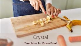  Presentation with banana - Presentation having young-blonde-woman-cutting-banana background and a  colored foreground