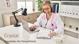  Presentation with telemedicine - PPT theme having young-blonde-woman-doctor-having background and a lemonade colored foreground