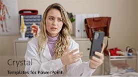  Presentation with clinic - PPT theme enhanced with young-blonde-woman-doctor-having background and a coral colored foreground