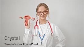  Presentation with uterus - Slides having young-blonde-woman-doctor-holding background and a light gray colored foreground