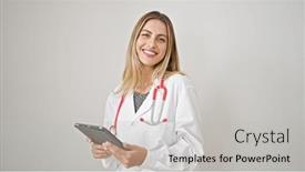  Presentation with confident - Presentation design having young-blonde-woman-doctor-smiling background and a light gray colored foreground