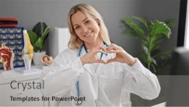  Presentation with heart hands - Presentation design with young-blonde-woman-doctor-smiling background and a  colored foreground